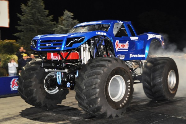 summit racing bigfoot monster truck doing a burnout