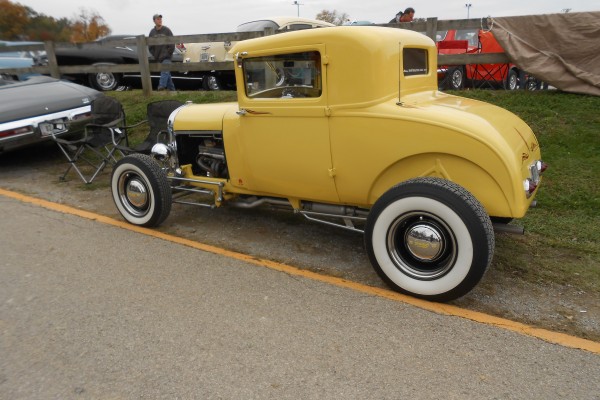 ford 3 window yellow hot rod coupe