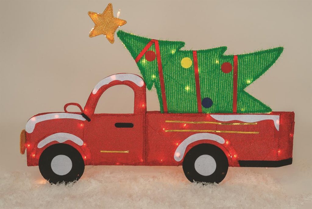 truck and tree tinsel light display