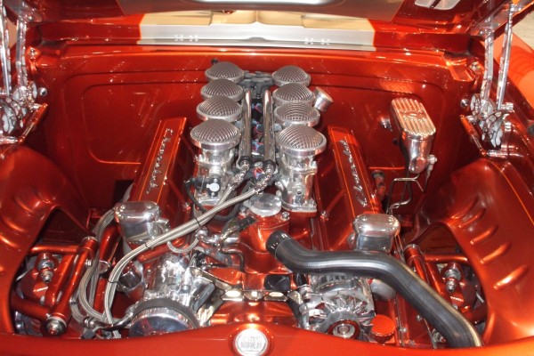 customized chevy v8 engine in a classic show car