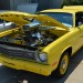 yellow Plymouth duster with h0ram v8 and hood scoop thumbnail