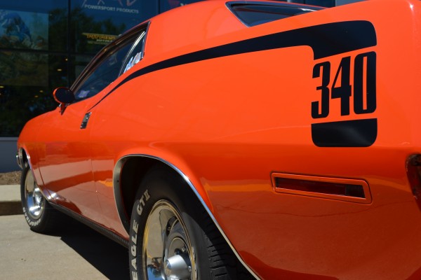 close up of 340 decal on the fender of a Plymouth barracuda