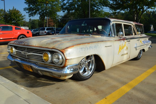 front quarter shot of a 1960 chevy parkwood wagon hot rod