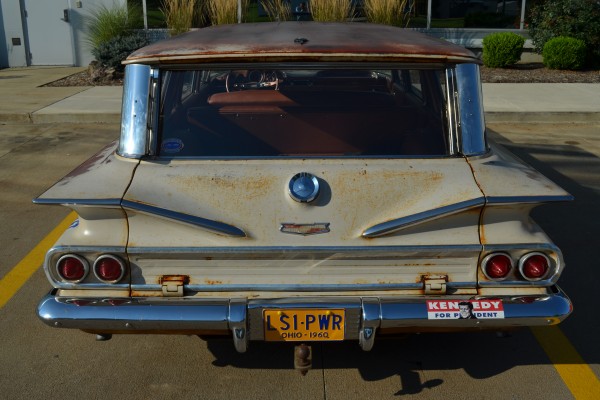 rear view of a 1960 chevy parkwood wagon hot rod push car