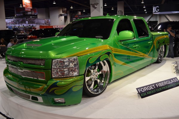 lowered green chevy silverado custom late model show truck