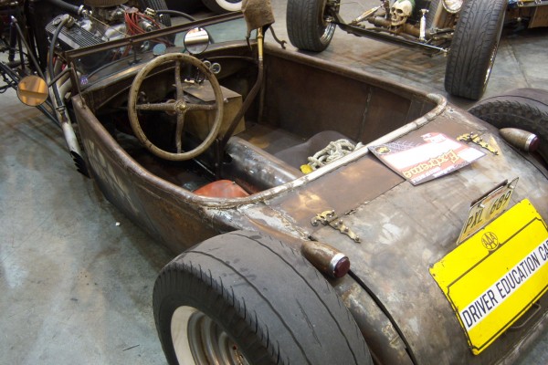 rear view of interior in a rat rod hot rod roadster