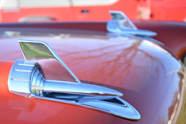 close up of hood spears on a 1957 Chevrolet Nomad