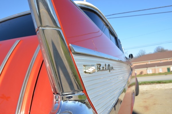 close up of bel air logo on tail fin of 1957 Chevrolet Nomad