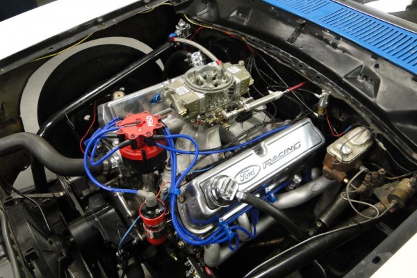 Ford Racing carbureted V8 engine in a maverick drag car