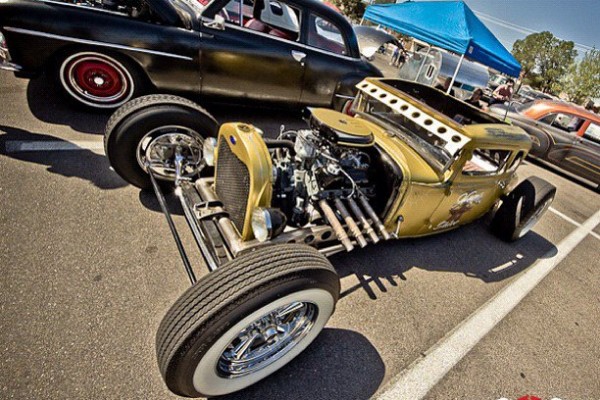 vintage gold hot rod coupe
