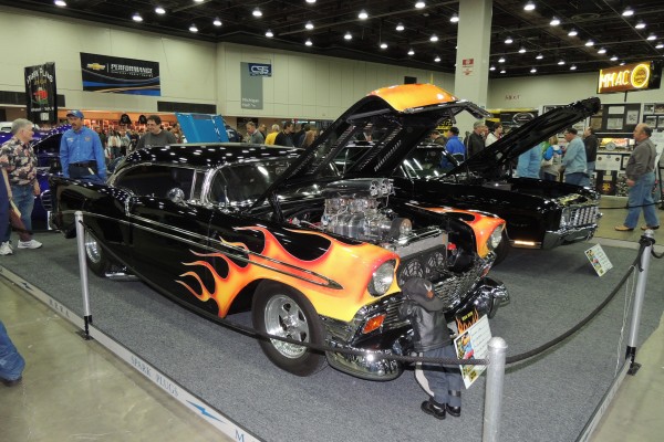 flamed and supercharged 1957 chevy drag car