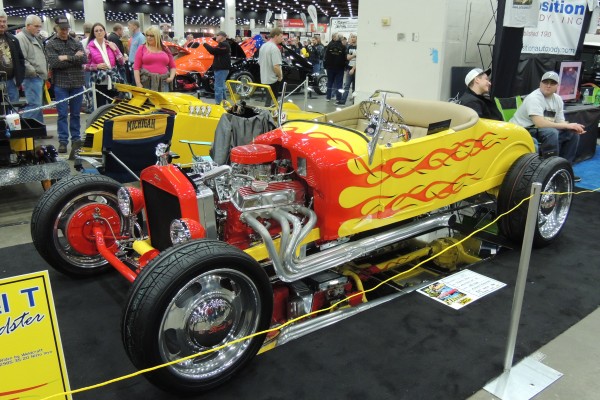 flamed yellow ford t bucket roadster hot rod