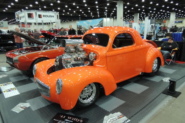 orange 1941 willys hotrod with supercharged v8