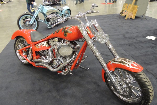 v twin chopper motorcycle on display