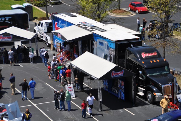 aerial view of Summit Racing car show display trailer