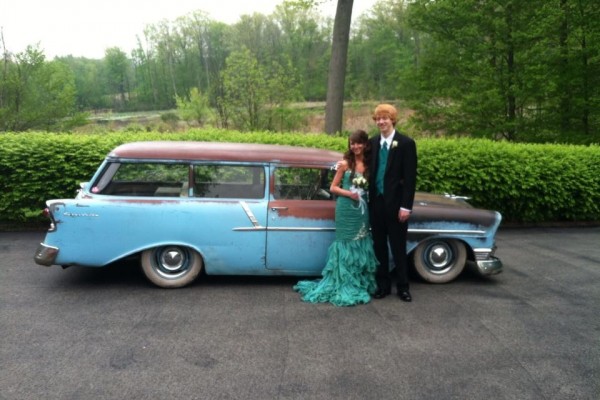 1956 Chevrolet 2-Door Wagon with prom couple