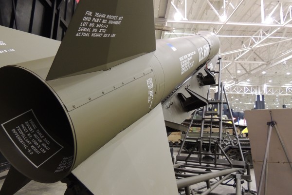 rear view of a military surface to air missile on display