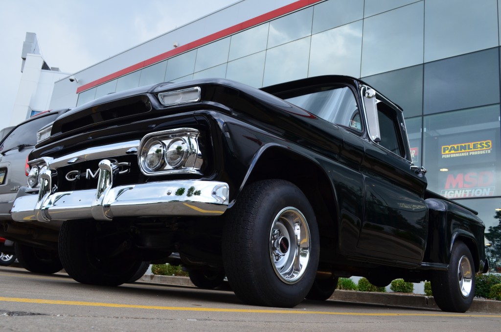 1963 GMC Fenderside truck, front low quarter shot