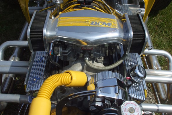 v8 engine with B&M intake in an old hot rod
