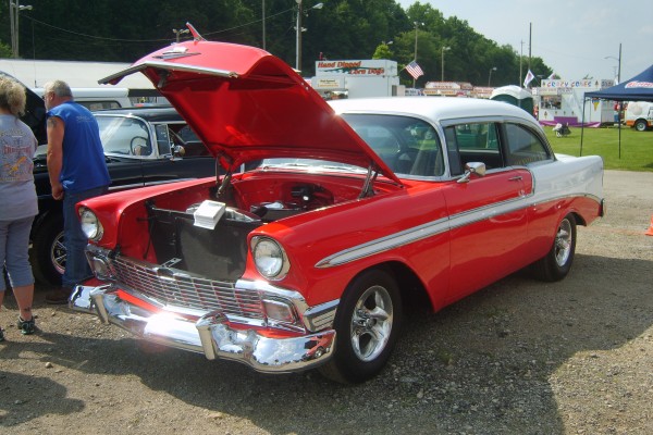 red and white 1956 chevy bel air hardtop