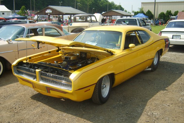 yellow mopar pro street muscle car