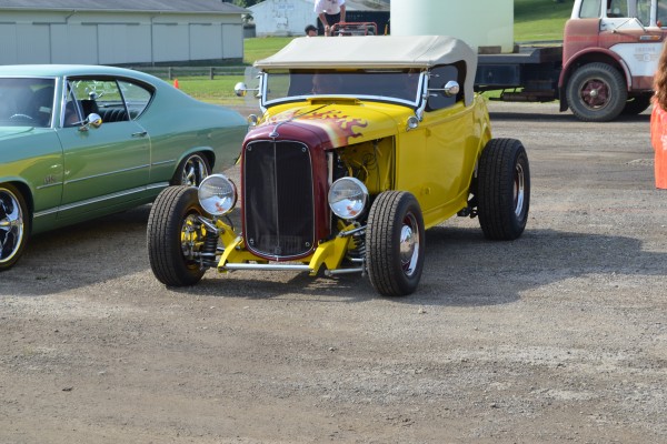 yellow flamed ford roadster coupe