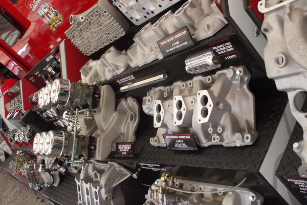 edelbrock parts displayed at automotive trade show