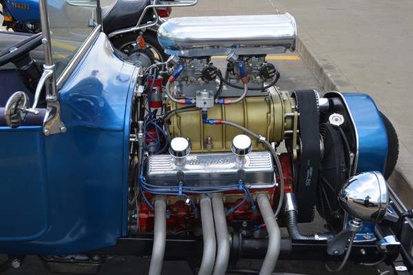 blown supercharged engine in a ford t bucket hot rod