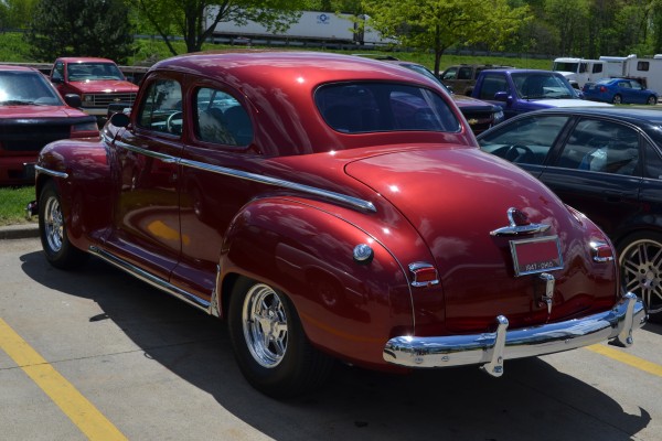 rear bumper view of a 1947 plymouth hot rod coupe