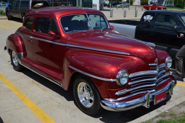 red 1947 plymouth hot rod coupe