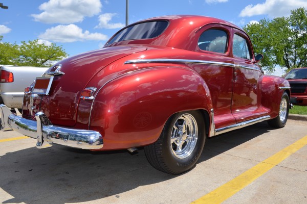 rear quarter view of a 1947 plymouth hot rod coupe