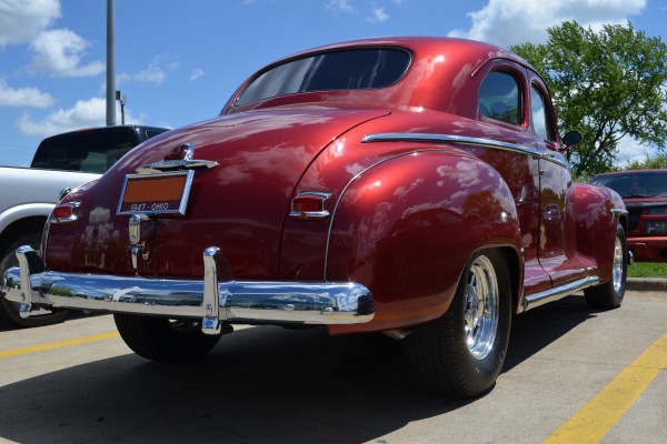 rear trunk view of a 1947 plymouth hot rod coupe