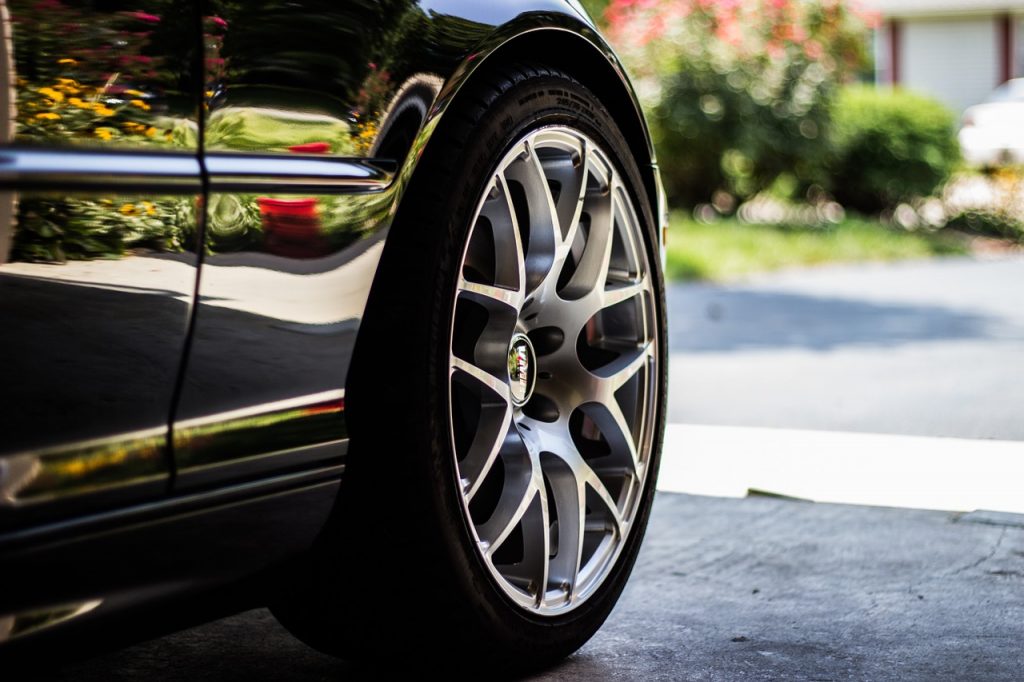 close up of a large alloy wheel