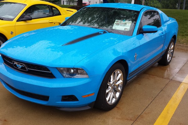 blue s197 ford mustang at a car show