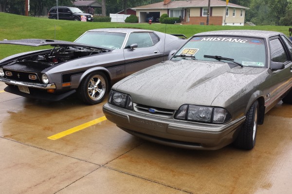 a pair of classic Ford mustangs at a car show