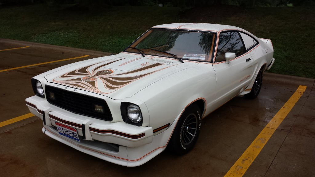 white ford mustang II King Cobra at Summit Racing Show