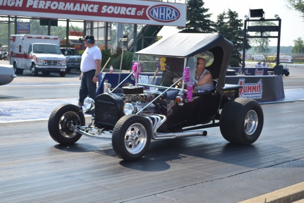 t-bucket ford hot rod on a dragstrip