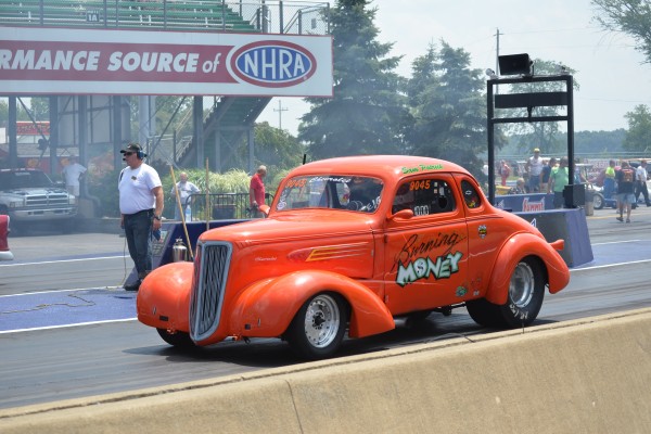 vintage orange hotrod coupe drag race car