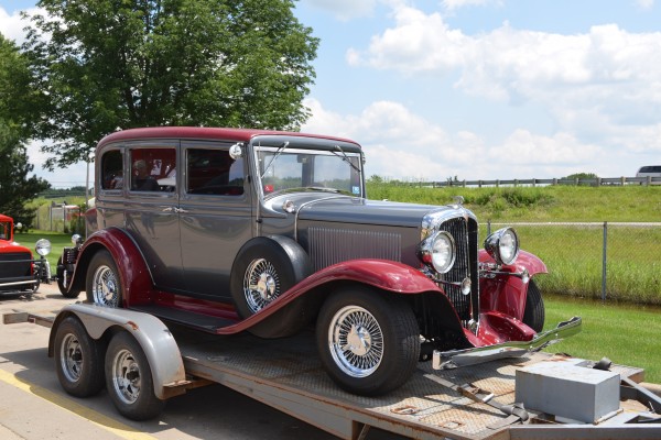 1932 hot rod sedan on trailer