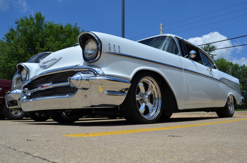 front low profile shot of a customized 1957 chevy bel air