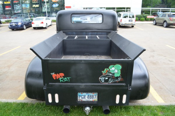 rear view of a custom vintage dually hot rod truck