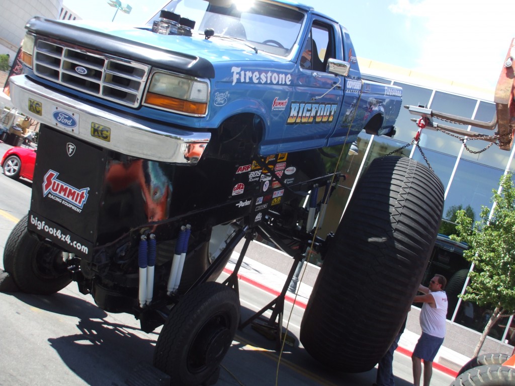 Wheels being installed on Bigfoot #5 monster truck