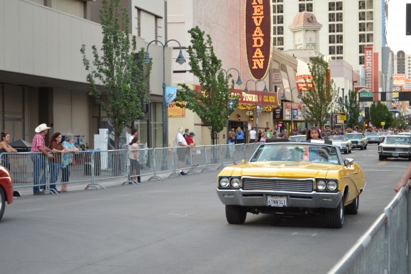 classic cars in parade in downtown reno during Hot August Nights 2013