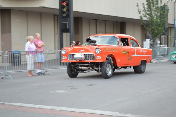 1955 chevy gasser drag car in parade at Hot August Nights 2013