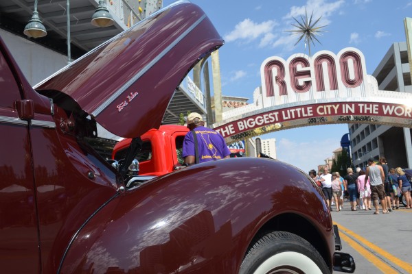 RENO sign behind fender of a hot rod classic car