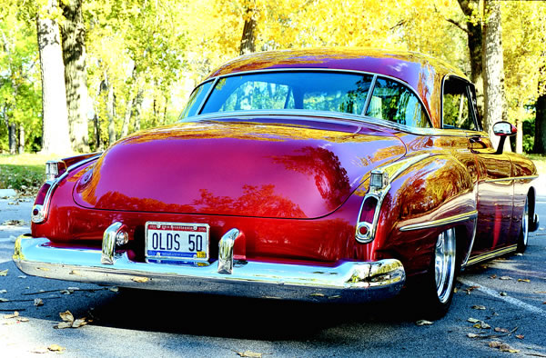 rear shot of a 1950 Oldsmobile 88 coupe