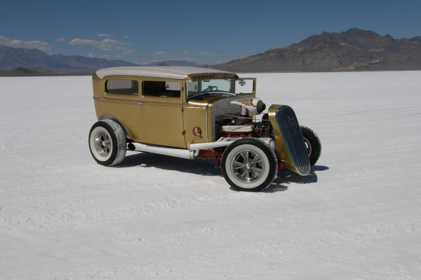 vintage hot rod coupe at Bonneville Salt Flats during Speed Week