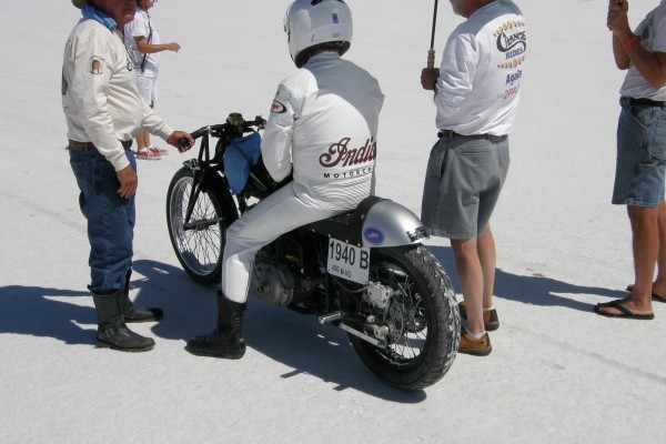 Indian motorcyclist Land Speed Racers at Bonneville Salt Flats during Speed Week