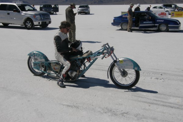 motorcyclist and his bike at Bonneville Salt Flats during Speed Week