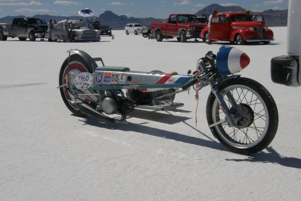 vintage motorcycle Land Speed Racer at Bonneville Salt Flats during Speed Week